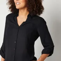 Byer California Juniors Womens 3/4 Sleeve Regular Fit Button-Down Shirt