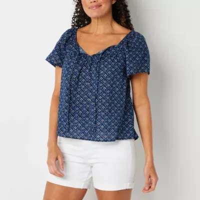 a.n.a Womens Split Tie Neck Short Sleeve Blouse