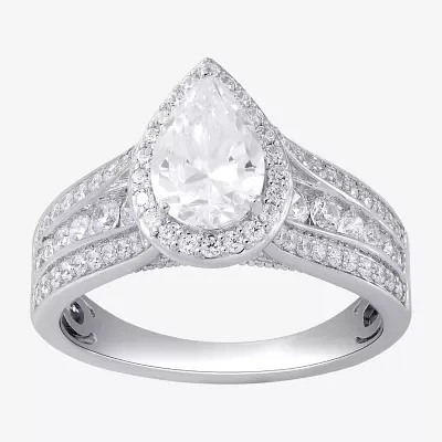 (G / I1) Womens 2 CT. T.W. Lab Grown White Diamond 10K Gold Pear Side Stone Halo Engagement Ring