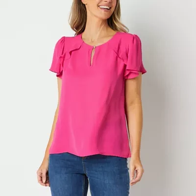 Liz Claiborne Womens Keyhole Neck Short Sleeve Blouse