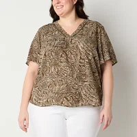 Liz Claiborne Plus Womens V Neck Short Sleeve Blouse