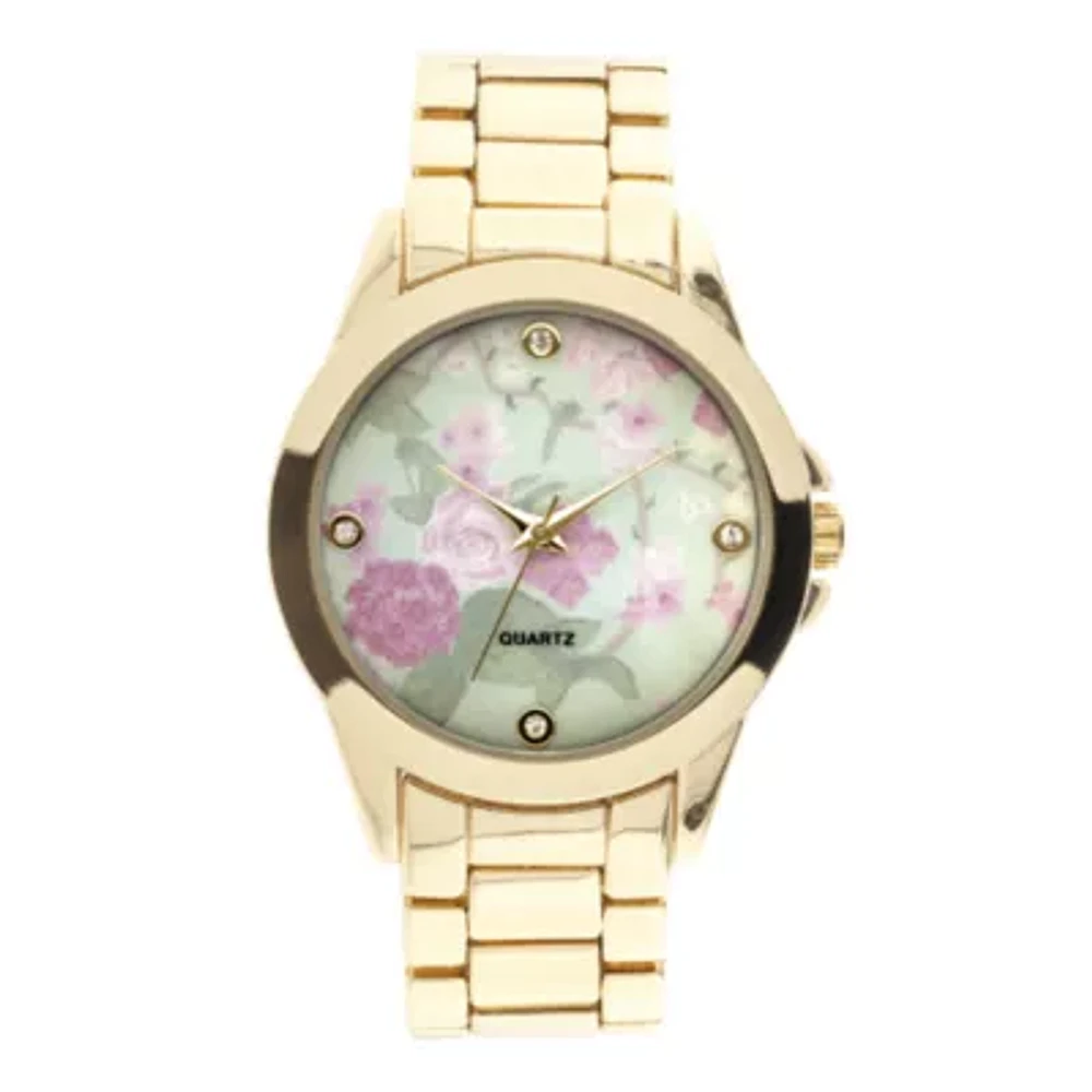 Womens Crystal-Accent Floral Dial Bracelet Watch