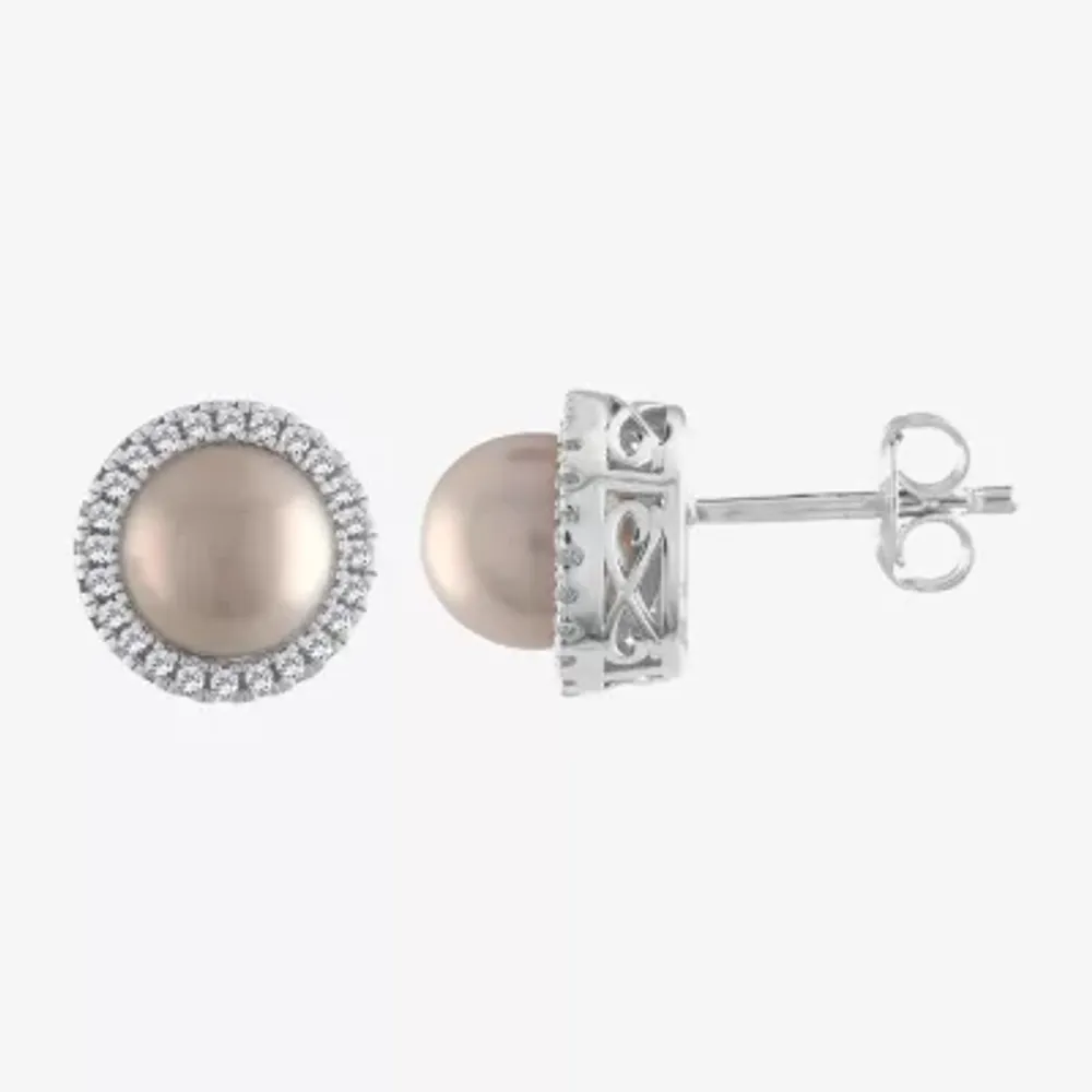 Cultured Freshwater Pearl & Lab-Created White Sapphire Sterling Silver Stud Earrings