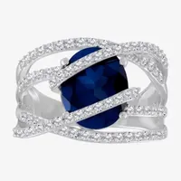 Womens Blue & White Lab-Created Sapphire Sterling Silver Cocktail Ring