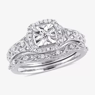 Womens 1/5 CT. Natural White Diamond Sterling Silver Cushion Halo Bridal Set