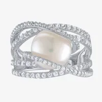 Womens 10MM White Cultured Freshwater Pearl Sterling Silver Crossover Cocktail Ring