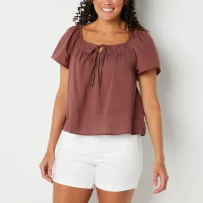 a.n.a Womens Split Tie Neck Short Sleeve Blouse