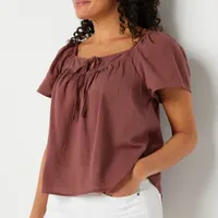 a.n.a Womens Split Tie Neck Short Sleeve Blouse