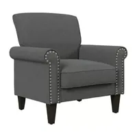 Jean Traditional Rolled Arm Accent Chair with Pewter Nailheads in Linen