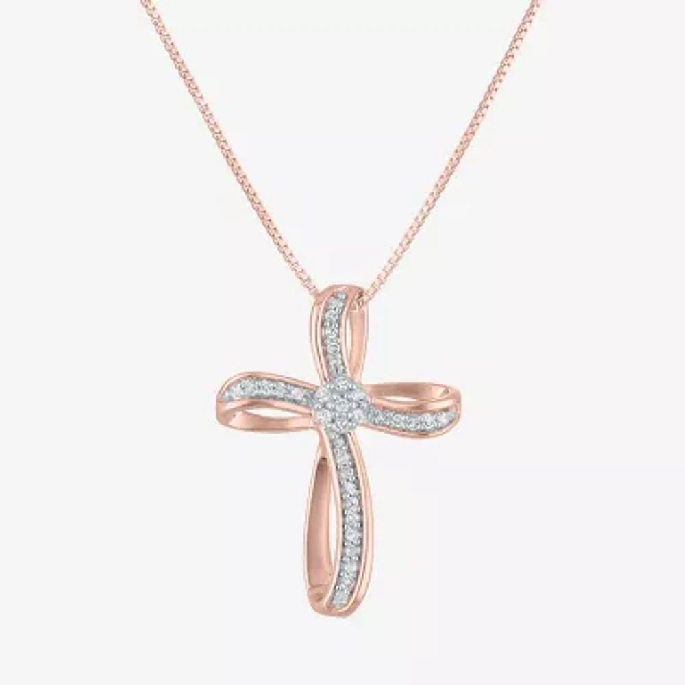 Diamond Blossom (G-H / Si2-I1) Womens 1/10 CT. T.W. Lab Grown White Diamond 14K Rose Gold Over Silver Cross Pendant Necklace