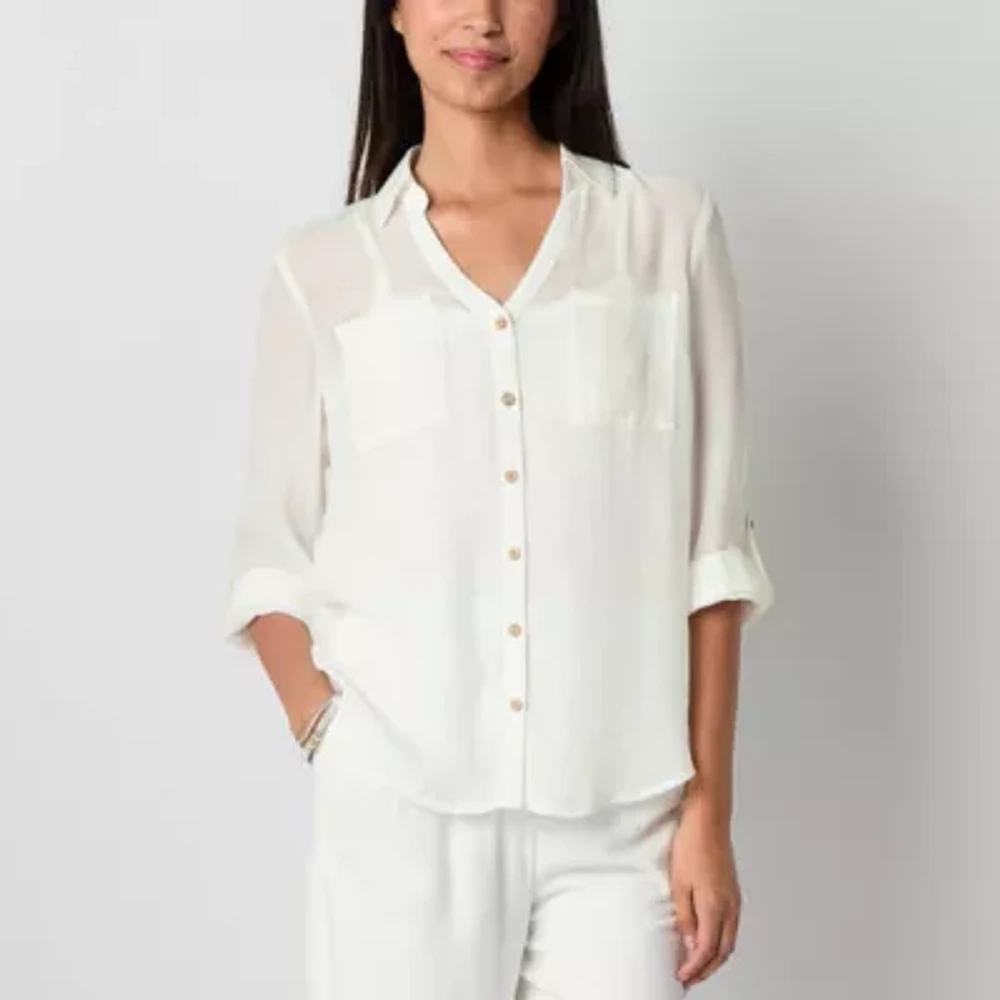 by&by Juniors Womens Long Sleeve Regular Fit Button-Down Shirt