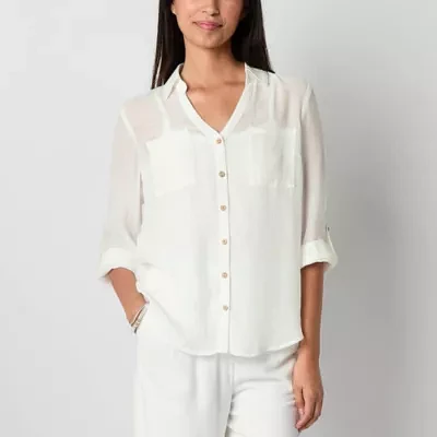 by&by Juniors Womens Long Sleeve Regular Fit Button-Down Shirt