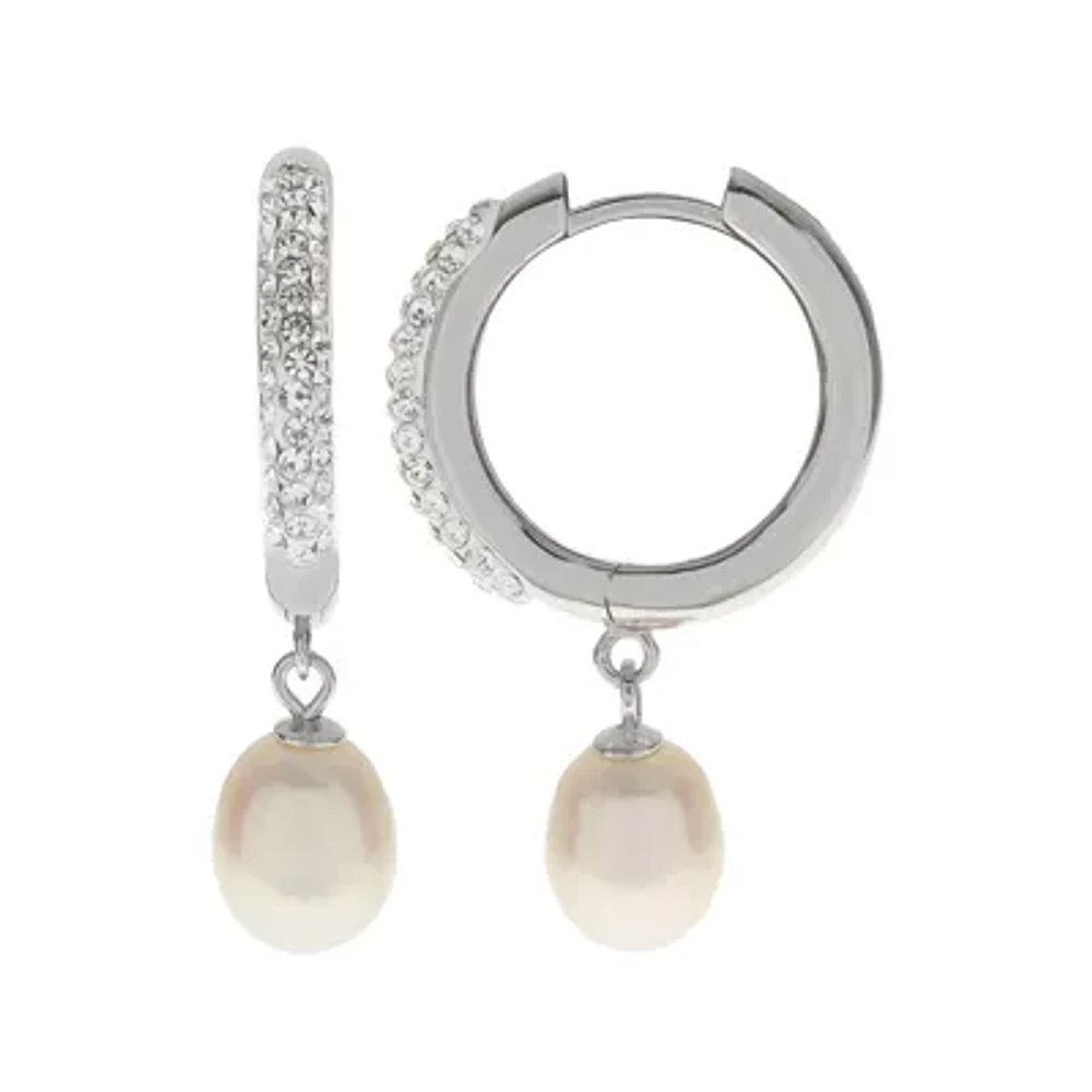 Cultured Freshwater Pearl & Crystal Sterling Silver Hoop Earrings