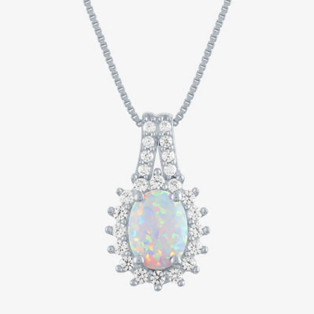 Womens Lab Created White Opal Sterling Silver Pendant Necklace