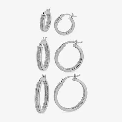 Sterling Silver Rhodium Plated Glitter Hoop Earring Set