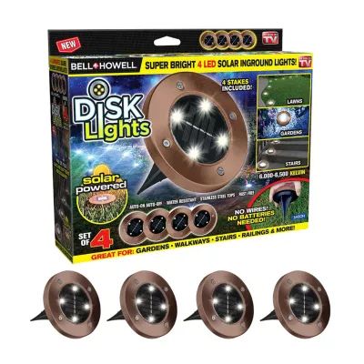 Bell + Howell Solar Powered Outdoor Disk Lights with Auto On/Off Lighting and Weatherproof Rust-Free - 4 Pack