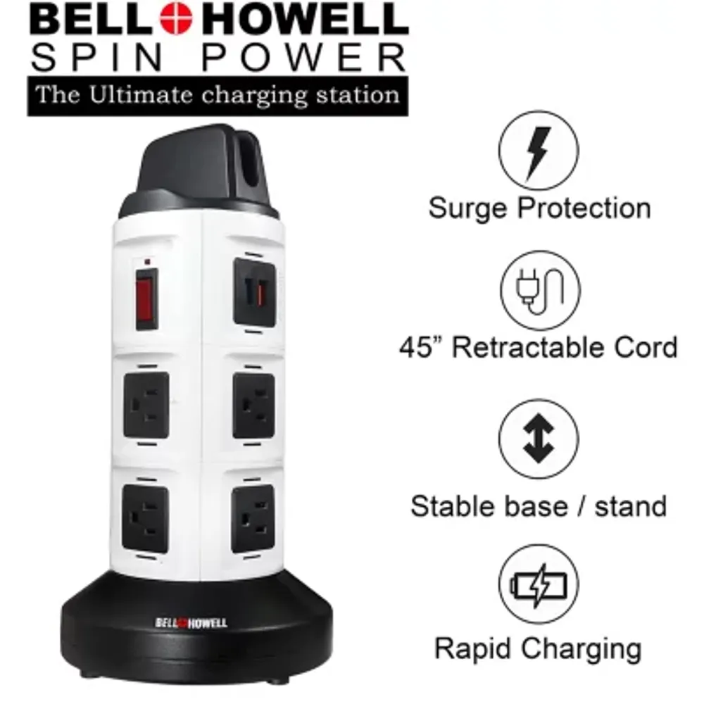 Bell + Howell Spin Power Pro Charging Station with Surge Protector and Power Strip - 8 Outlets and 6 USB Ports