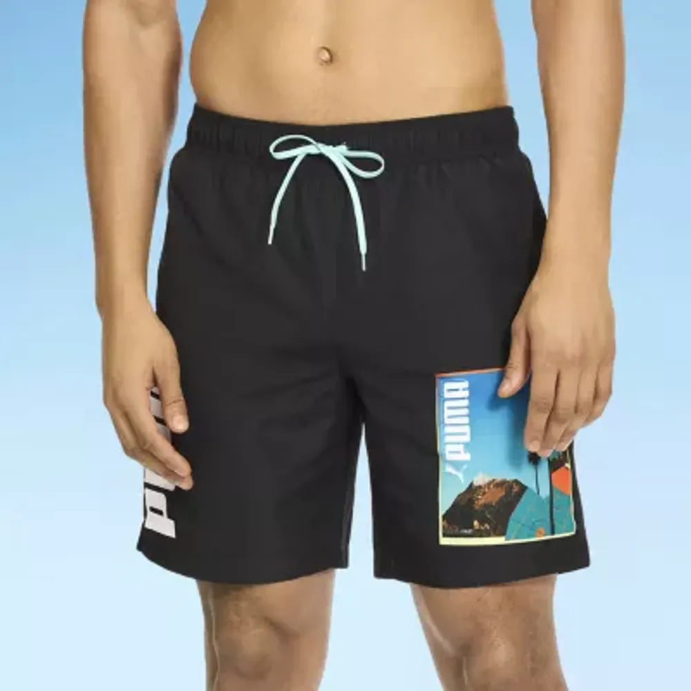 Puma Mens Drawstring Waist Logo Swim Trunks With 8" Inseam