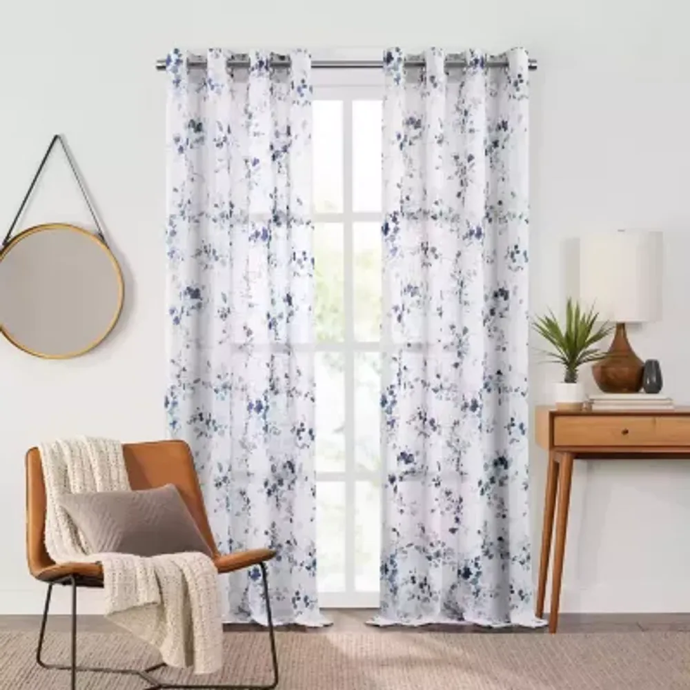 Fieldcrest Arden Watercolor Bouquet Cotton Sheer Grommet Top Single Curtain Panel