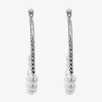Sparkle Allure Double Row Simulated Pearl Pure Silver Over Brass Hoop Earrings