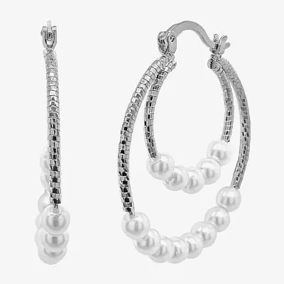Sparkle Allure Double Row Simulated Pearl Pure Silver Over Brass Hoop Earrings