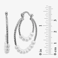 Sparkle Allure Double Row Simulated Pearl Pure Silver Over Brass Hoop Earrings