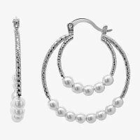Sparkle Allure Double Row Simulated Pearl Pure Silver Over Brass Hoop Earrings
