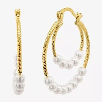 Sparkle Allure Double Row Simulated Pearl 14K Gold Over Brass Hoop Earrings