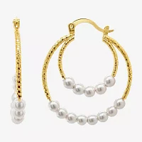 Sparkle Allure Double Row Simulated Pearl 14K Gold Over Brass Hoop Earrings