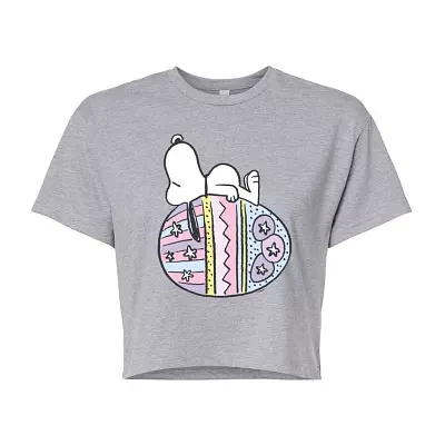 Juniors Easter Egg Cropped Womens Crew Neck Short Sleeve Peanuts Snoopy Graphic T-Shirt