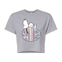 Juniors Easter Egg Cropped Womens Crew Neck Short Sleeve Peanuts Snoopy Graphic T-Shirt