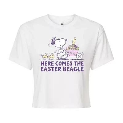 Juniors Easter Beagle Cropped Womens Crew Neck Short Sleeve Peanuts Snoopy Graphic T-Shirt