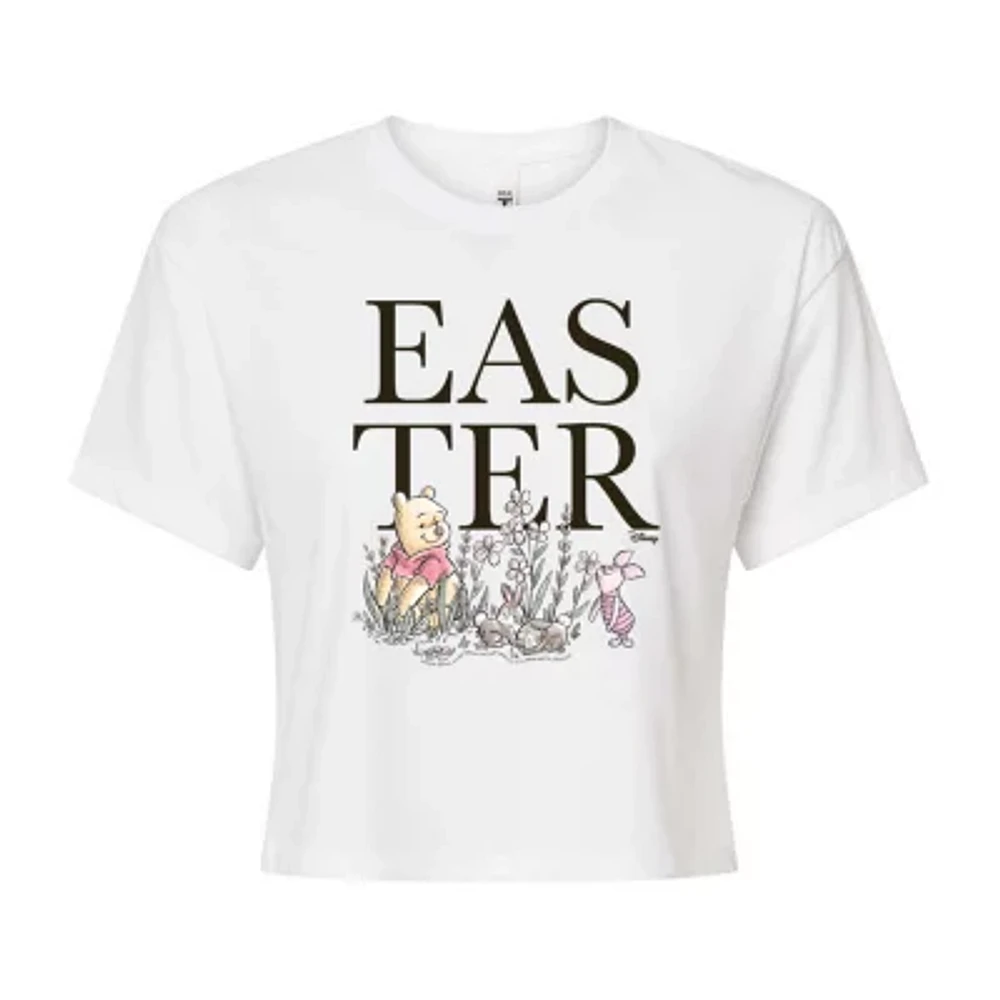 Juniors Easter Cropped Tee Womens Crew Neck Short Sleeve Winnie The Pooh Graphic T-Shirt
