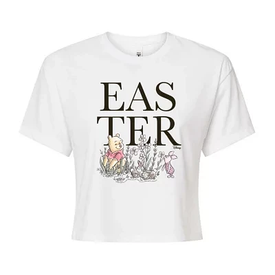 Juniors Easter Cropped Tee Womens Crew Neck Short Sleeve Winnie The Pooh Graphic T-Shirt