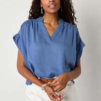 a.n.a Womens Split Crew Neck Short Sleeve Blouse