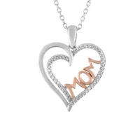 Womens "Mom" Diamond-Accent Heart Necklace in Sterling SIlver"