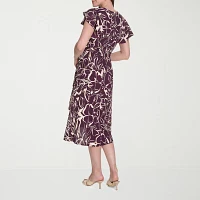 Marc New York Womens Short Sleeve Floral Midi Fit + Flare Dress