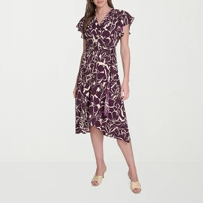Marc New York Womens Short Sleeve Floral Midi Fit + Flare Dress