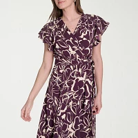 Marc New York Womens Short Sleeve Floral Midi Fit + Flare Dress