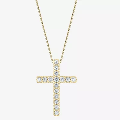 (G/Si2) Womens 1/2 CT. T.W. Lab Grown White Diamond 10K Gold Cross 18 Inch Pendant Necklace