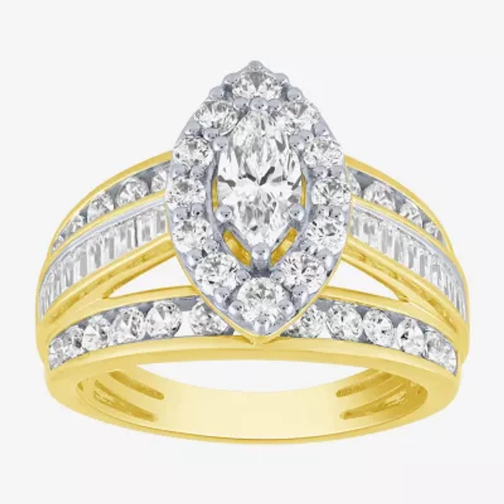 (G / Si2) Womens 2 CT. T.W. Lab Grown White Diamond 10K Gold Side Stone Halo Engagement Ring