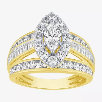 (G / Si2) Womens 2 CT. T.W. Lab Grown White Diamond 10K Gold Side Stone Halo Engagement Ring