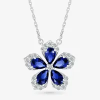 Womens Lab Created Blue Sapphire & 1/5 CT. T.W. Genuine Diamond Sterling Silver Flower Pendant Necklace