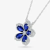 Womens Lab Created Blue Sapphire & 1/5 CT. T.W. Genuine Diamond Sterling Silver Flower Pendant Necklace