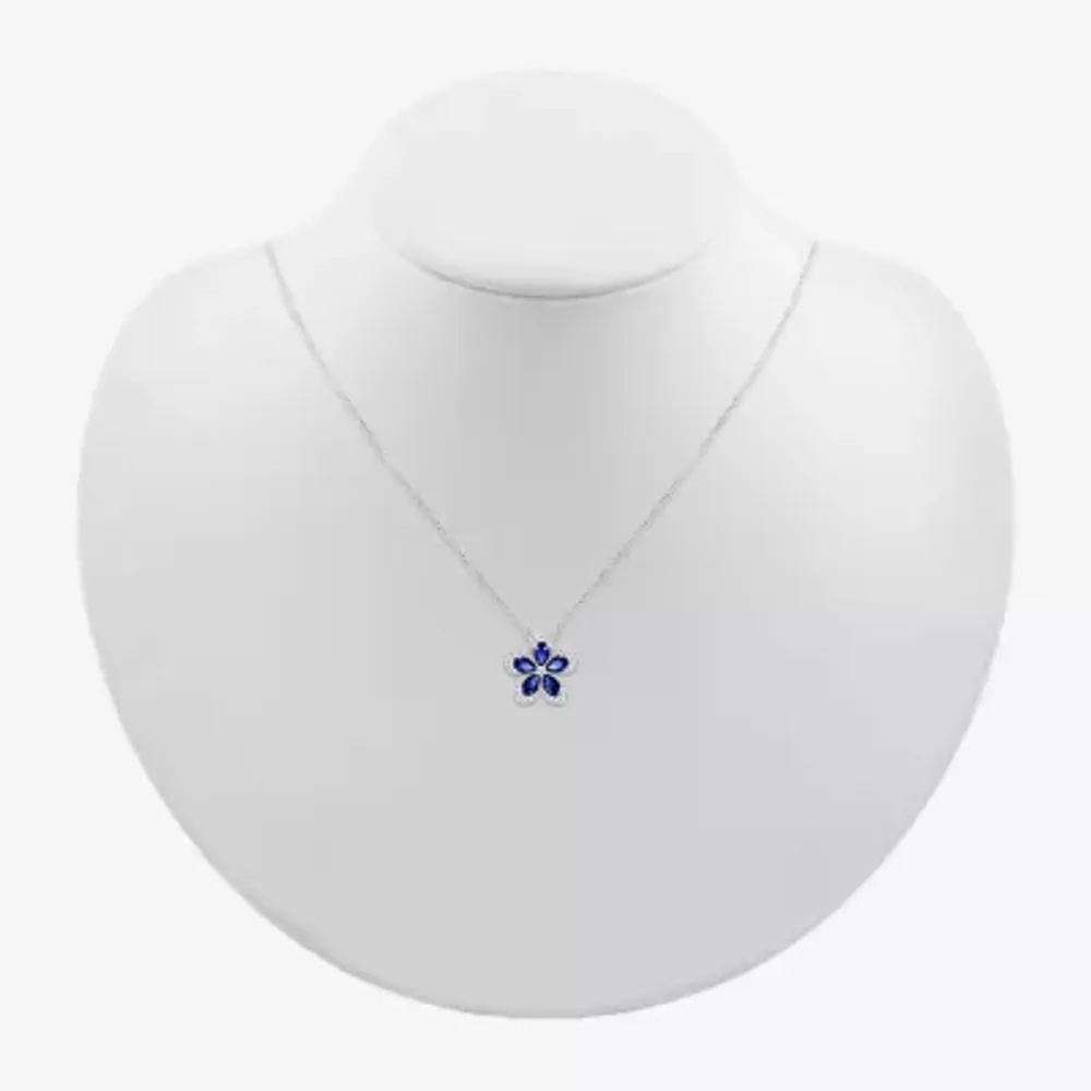 Womens Lab Created Blue Sapphire & 1/5 CT. T.W. Genuine Diamond Sterling Silver Flower Pendant Necklace