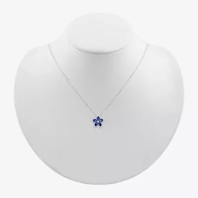 Womens Lab Created Blue Sapphire & 1/5 CT. T.W. Genuine Diamond Sterling Silver Flower Pendant Necklace