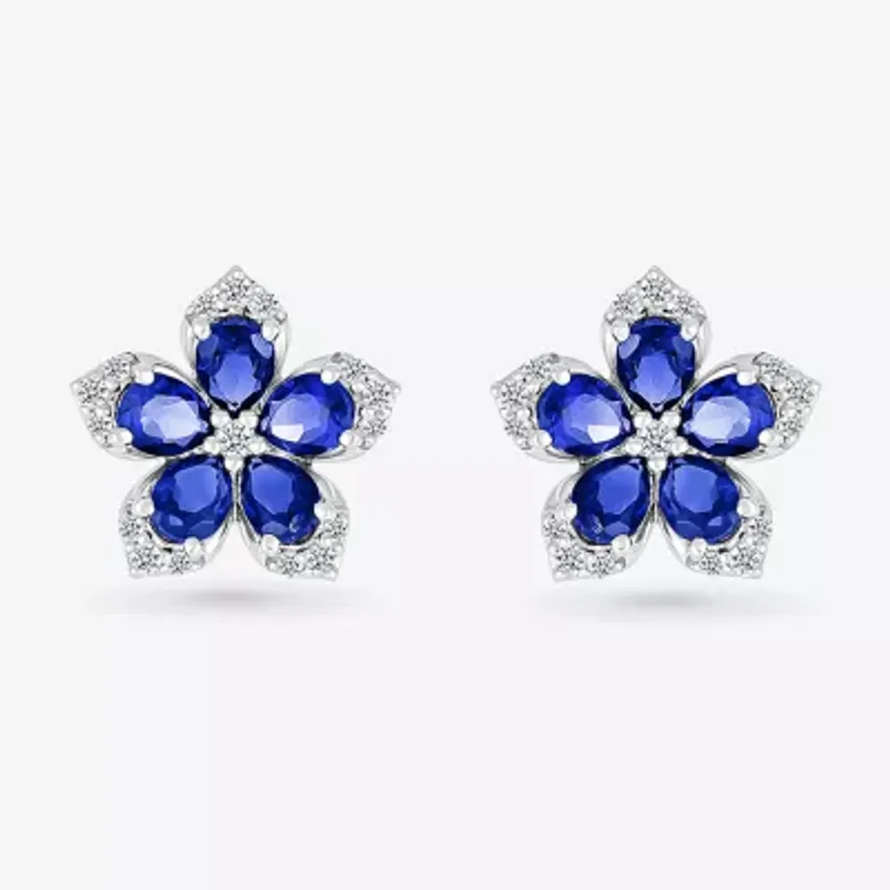 Womens Lab Created Blue Sapphire & 1/5 CT. T.W. Genuine Diamond Sterling Silver 12.3mm Flower Stud Earrings