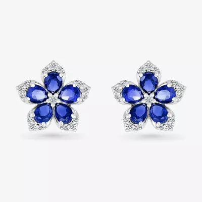Womens Lab Created Blue Sapphire & 1/5 CT. T.W. Genuine Diamond Sterling Silver 12.3mm Flower Stud Earrings