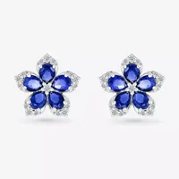 Womens Lab Created Blue Sapphire & 1/5 CT. T.W. Genuine Diamond Sterling Silver 12.3mm Flower Stud Earrings