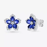 Womens Lab Created Blue Sapphire & 1/5 CT. T.W. Genuine Diamond Sterling Silver 12.3mm Flower Stud Earrings